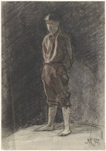 Standing Man with Helmet and Rolled-Up Book Pages