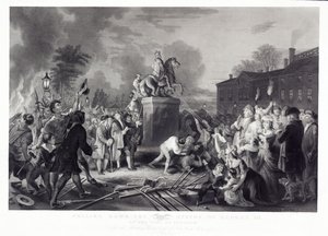 Pulling Down the Statue of George III by the Sons of Freedom, at the Bowling Green, City of New York, July 1776 by Johannes Adam Simon after Oertel