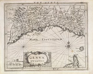 Duchy of Genoa, Map by Jan Baptist Vrients from German atlas, Copper engraving, half of the 17th century by Johannes Baptista Vrints