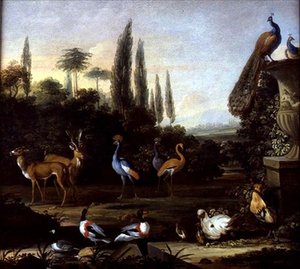A Park Landscape with Deer and Exotic Birds by Johannes Bronckhorst