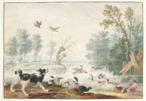 A Dog and Ducks by a Lake by Johannes Bronckhorst