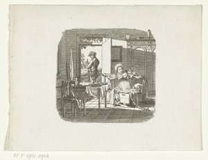 Mother by Child in Cradle Waving to Father Leaving Home with Rifle by Johannes Christiaan Bendorp