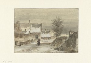Winter Scene with Woman Standing on the Ice by Johannes Franciscus Hoppenbrouwers