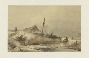 Winter landscape with farm by a ditch