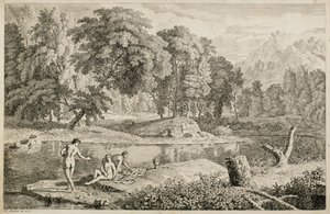 Arcadian Landscape with a River and Three Bathers by Johannes Glauber