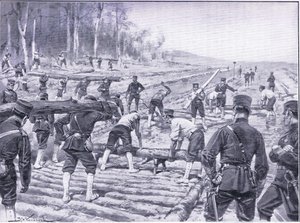 Japanese Engineers Constructing a Timber Road for Troops by Johannes Hermann Barend Koekkoek