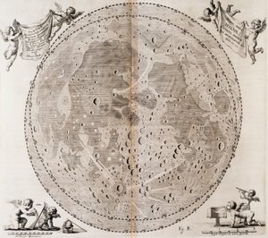 First detailed map of Moon drawn in 1647 by Johann Hevelius, print taken from Johann Hevelius