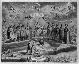 The famous astronomers. Among them, from left to right: Walterus, Tycho Brahe, Ulugh Beg, Timocharis of Alexandria by Johannes Hevelius