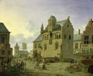 Town Square with Figures and Peasants Trading in a Market Place by Johannes Huibert Prins