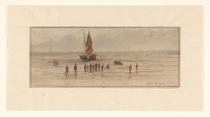 Beach Scene with Fishermen and Sailing Ship by Johannes Huygens (signed by artist)