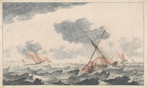 Lowering the Sail (Ships at Sea, Series A) by Johannes Jacobsz van den Aveele (attributed to)