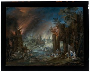 Landscape With Lot and His Daughters and The Burning Sodom In The Background by Johannes Jakob Hartmann