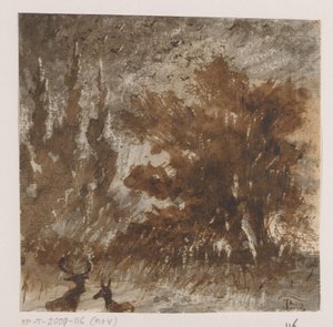 Deer and Birds by Tall Trees by Johannes Tavenraat (signed by artist)