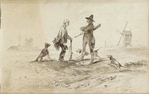 Hunters with Dogs in a Landscape with a Mill by Johannes Tavenraat