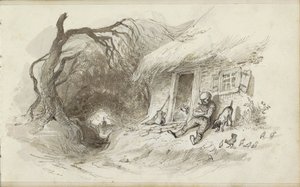 Man Sitting in Front of a House with a Thatched Roof by a Ditch