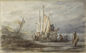 Horse and Cart by a Shore near a Sailing Ship