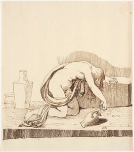 Naked Woman Bent Forward (Drunk) with Empty Wine Jug