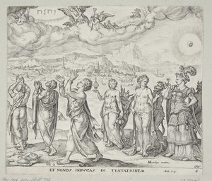 Man Resisting the Temptation of Money, Lust and Honour by Johannes Wierix