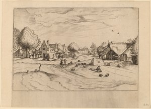 Country Village with Sheep and Sitting Shepherd by Johannes van Doetechum, the Elder and Lucas