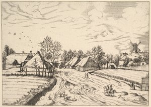 Country Village with Post Mill from Multifariarum casularum ruriumque lineamenta curios by Johannes van Doetecum I