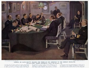 Admiral Sir David Beatty reading the terms of the armistice to the German Delegates, fore-cabin HMS Queen Elizabeth, Rosyth by John (after) Lavery