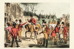 A huntsman in hunting pinks joins others drinking and smoking before a hunt