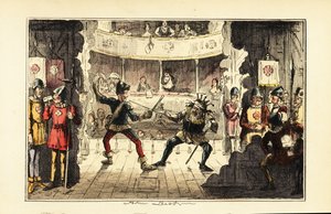 Actors Playing Henry Tudor Fighting King Richard III of England on Stage in a Theatre by John (after) Leech