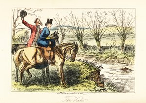 English huntsman and lady watching a fox swim across a river by John (after) Leech