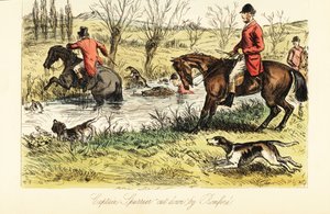 English Huntsman Fording a River with Fox Hounds