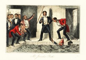 Gentleman in Night Clothes Struggling in a Swimming Pool at a Stately Home by John (after) Leech