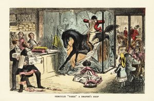 Horse and drunk huntsman crashing through a shop window