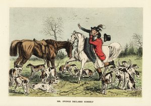 Huntsman in hunting pinks embracing a woman on a horse by John (after) Leech