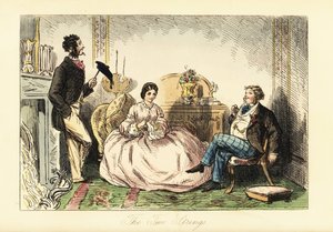 Lady in Crinoline Dress with Two Gentlemen Callers in a Parlour by John (after) Leech