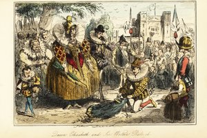 Sir Walter Raleigh laying his cape over a puddle for Queen Elizabeth I at Greenwich