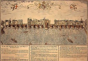 The View of London Bridge from East to West, reprint of a 1624 engraving by John (after) Norden