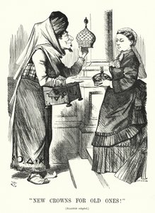 Punch cartoon: New Crowns for Old Ones. Benjamin Disraeli (as Aladdin) with Queen Victoria - the Royal Titles Act 1876 recognising the Queen as Empress of India (engraving) by John (after) Tenniel