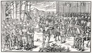 The English Army is Drawn Up for Battle, While Sidney Himself Parleys with a Defiant Messenger from the Irish, Plate 7 from 