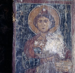 Figure of Saint, Fresco in Church in Kandanos, Crete, Greece