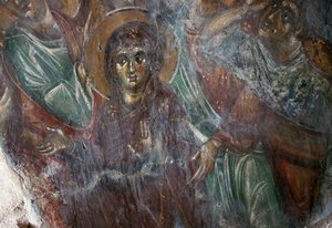 Fresco of Saint in Byzantine Church of Ayios Stephanos, Drakona, Crete, Greece