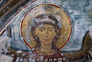 Fresco with Angel in the Byzantine Church of Agios Georgios, Vathi, Crete, Greece