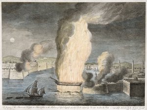The Burning of the American Frigate the Philadelphia in the Harbour of Tripoli, 1805 (hand-coloured line engraving on laid paper)