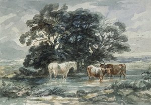 Landscape, Two Cows and a Horse Standing in Water