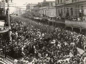 The 12th Battalion, AIF, marching through the city prior to embarking for service overseas, Hobart, Tasmania, 14 October 1914 by John Beattie