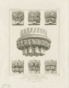 Interior of Lichfield Cathedral - Cluster Pillar in Chapter House and Brackets in Lady Chapel: Engraving by John Britton