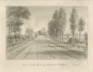 Stafford - Approach to Railway Station: sepia drawing by John Buckler