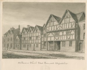 Tamworth - Old Houses in Church Street: sepia wash drawing, 1838