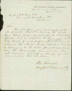 Letter signed J.C. Fremont, Major General Commanding, Head Quarters, Western Department, camp near Tipton, to Captain A.H. Foote, U.S.N. Commanding Naval Forces H.D., St. Louis, October 11, 1861