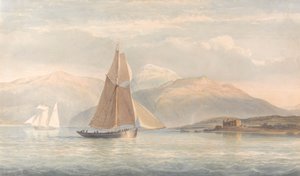 Boat Sailing to the Right with Mountains in the Background