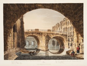 View taken from under the first Arch of the Bridge of the Hotel Dieu, the Little Bridge, Part of Hotel Dieu, illustration from Versailles, Paris and Saint Denis by John Claude Nattes