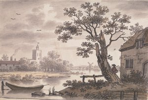 River Scene with Church, Cottage and Windmill by John Collet